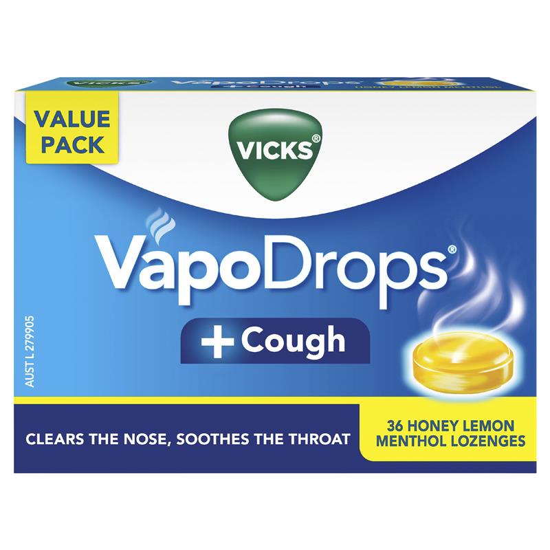Vicks VapoDrops + Cough Honey Lemon Menthol 36 Lozenges