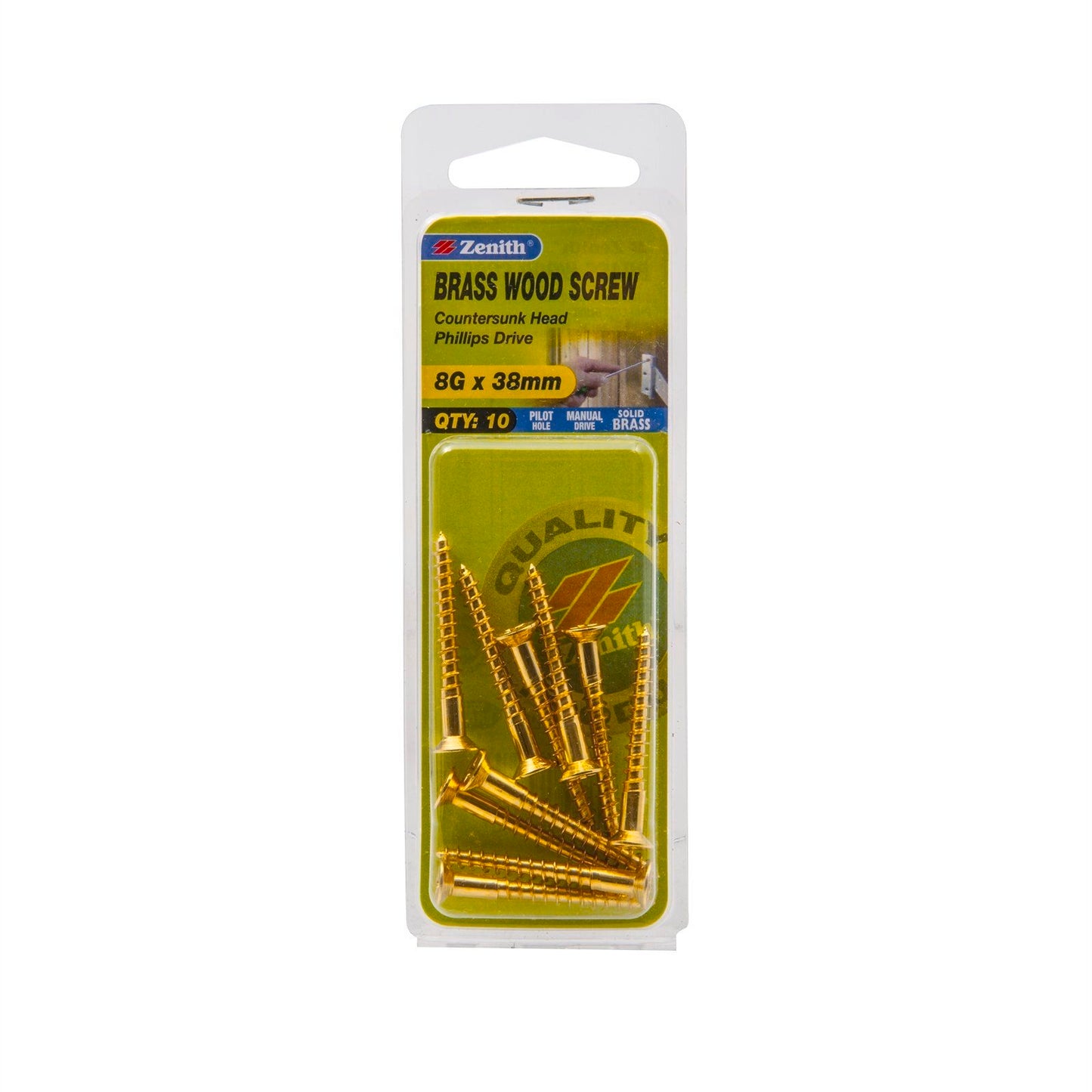 Zenith Wood Screws - 8g x 38mm - Solid Brass - 10 Pack