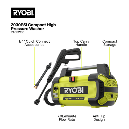 Ryobi Compact High Pressure Washer - 2030 PSI - 6.4kg