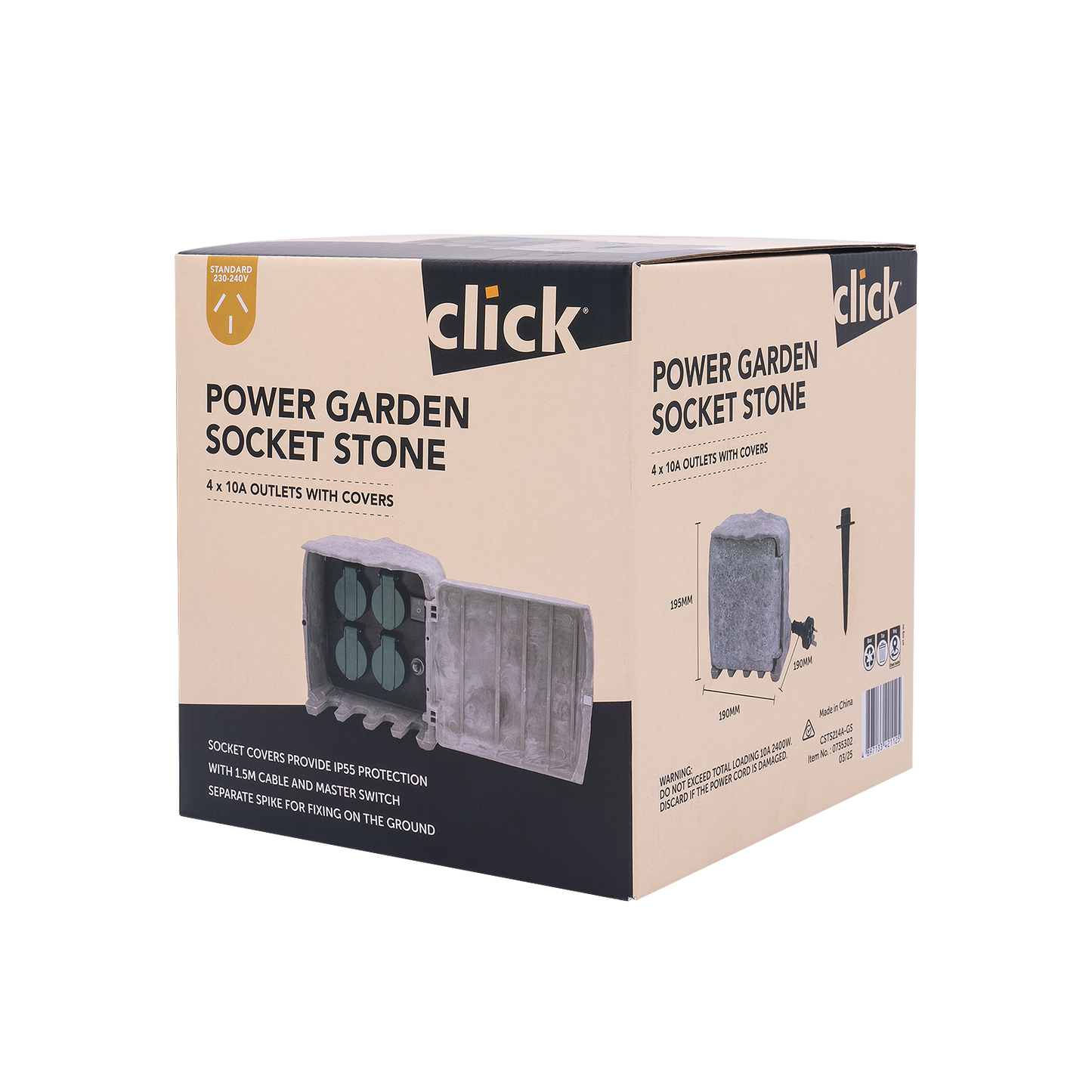 Click Power Garden Socket - 4 Outlet - 1.5m - Stone Grey