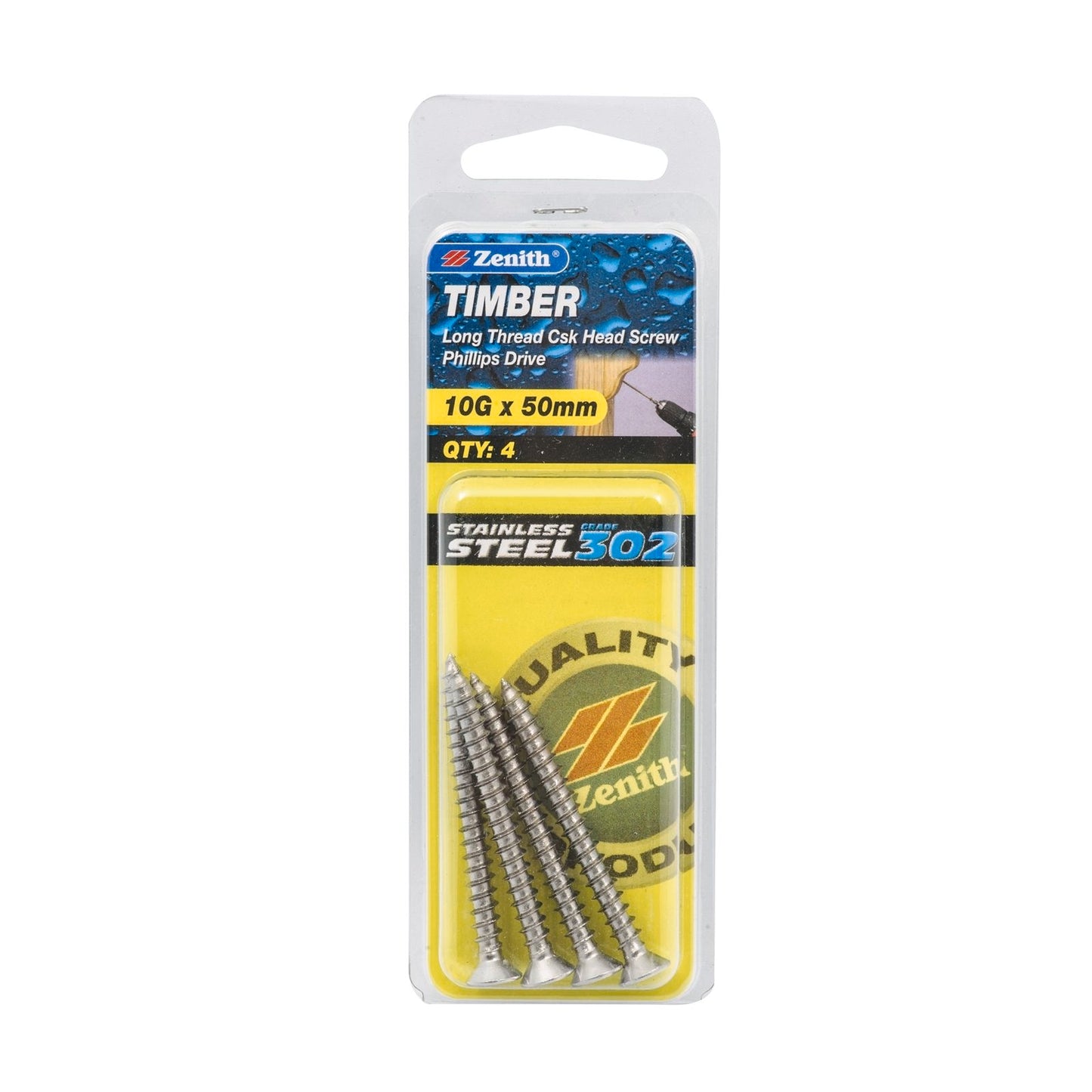 Zenith Timber Screws - 10g x 50mm - Stainless Steel - 4 Pack