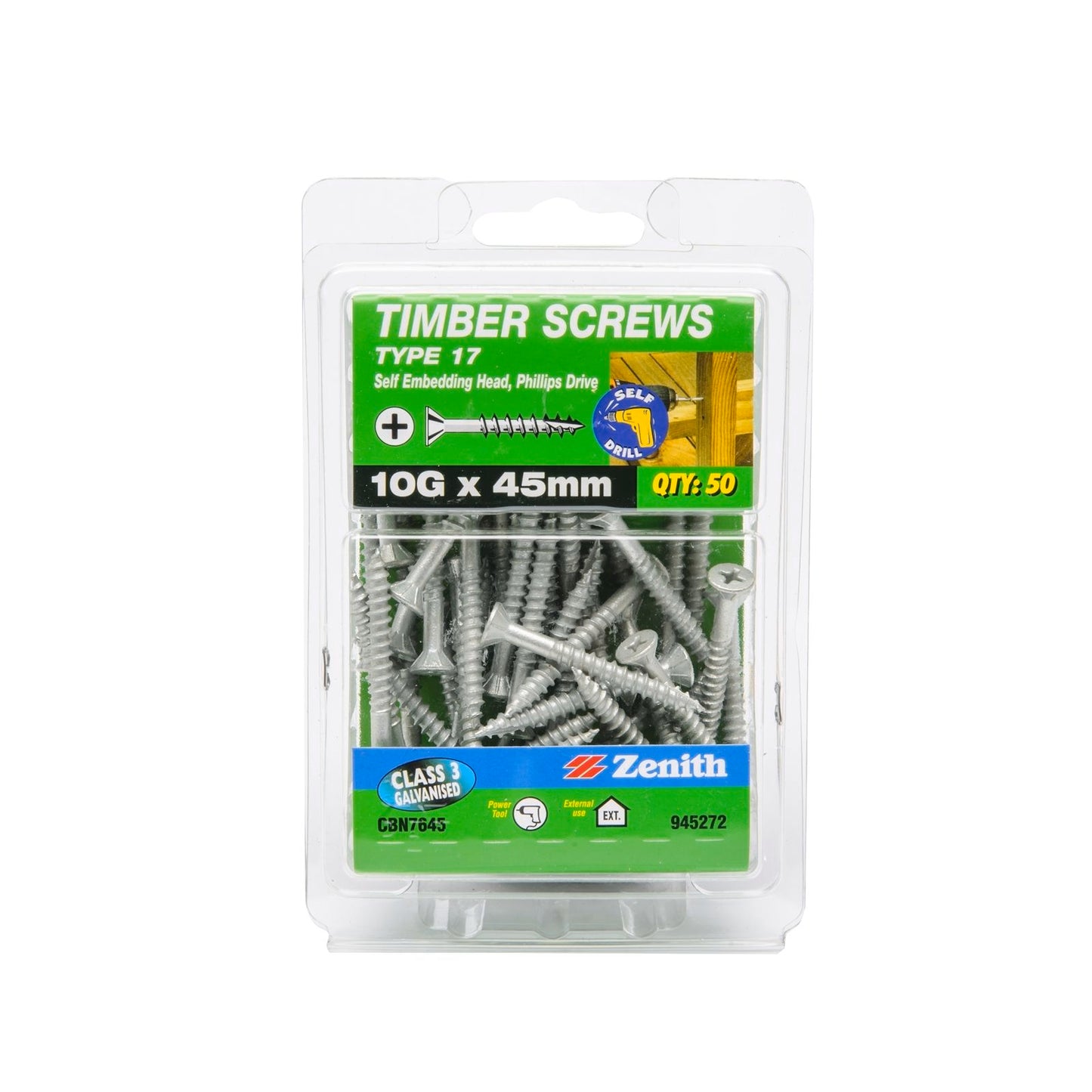 Zenith Timber Screws - 10g x 45mm - Galvanised - 50 Pack