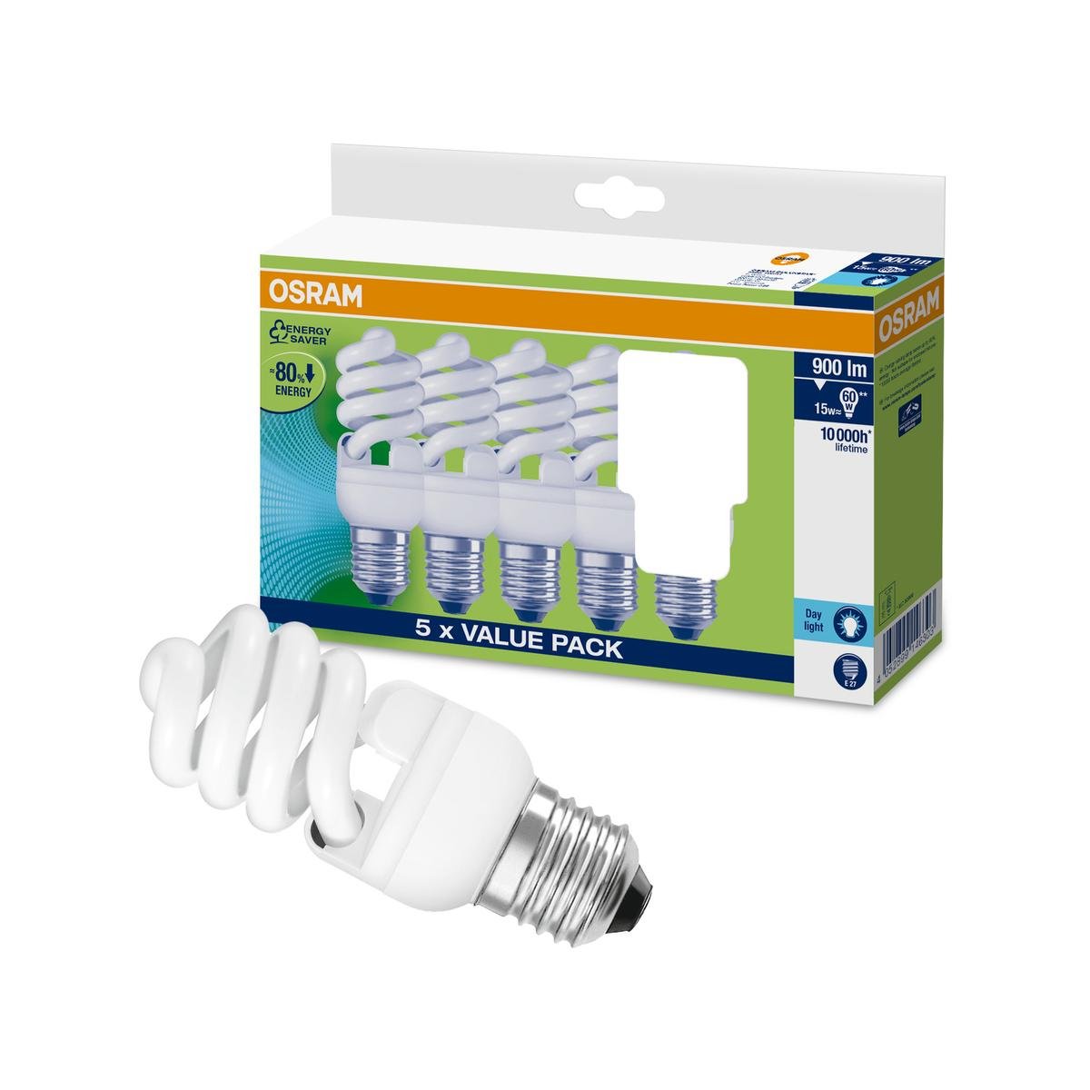 Osram 15W Daylight Mini Twist Spiral Globe 5 Pack Plastic Glass Energy Efficient