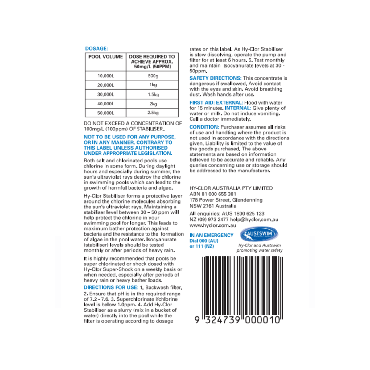 Hy-Clor 2kg Stabiliser Soft Pack Isocyanuric Acid Granules UV Protection