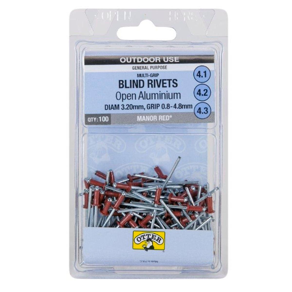 Otter Manor Red Multi Grip Open Aluminium Blind Rivet 3.2 x 0.8-4.8mm 100 Pack