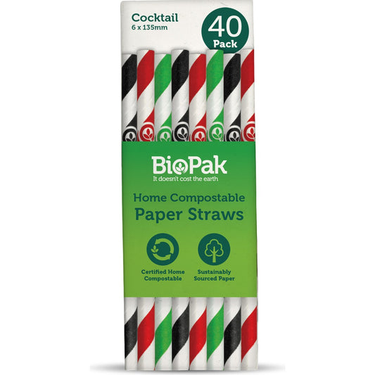 Biopak Paper Cocktail Straws Paper Straws 40 Pack