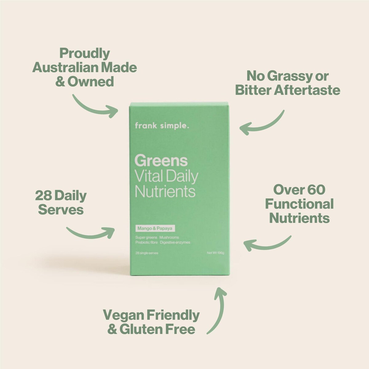Frank Simple. Greens Vital Daily Nutrients Mango & Papaya Sachets 28 Pack