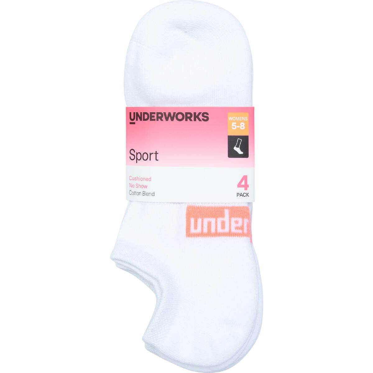 Underworks Ladies Sport No Show Socks Size 5-8 White 4 Pack