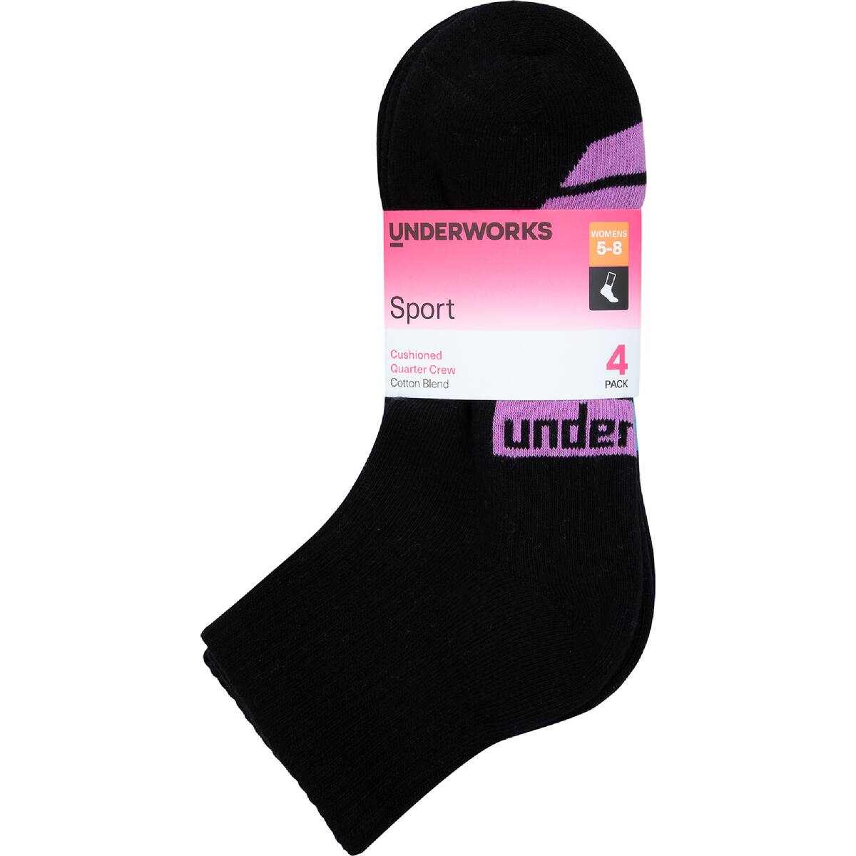 Underworks Ladies Quarter Crew Socks Size 5-8 Black 4 Pack