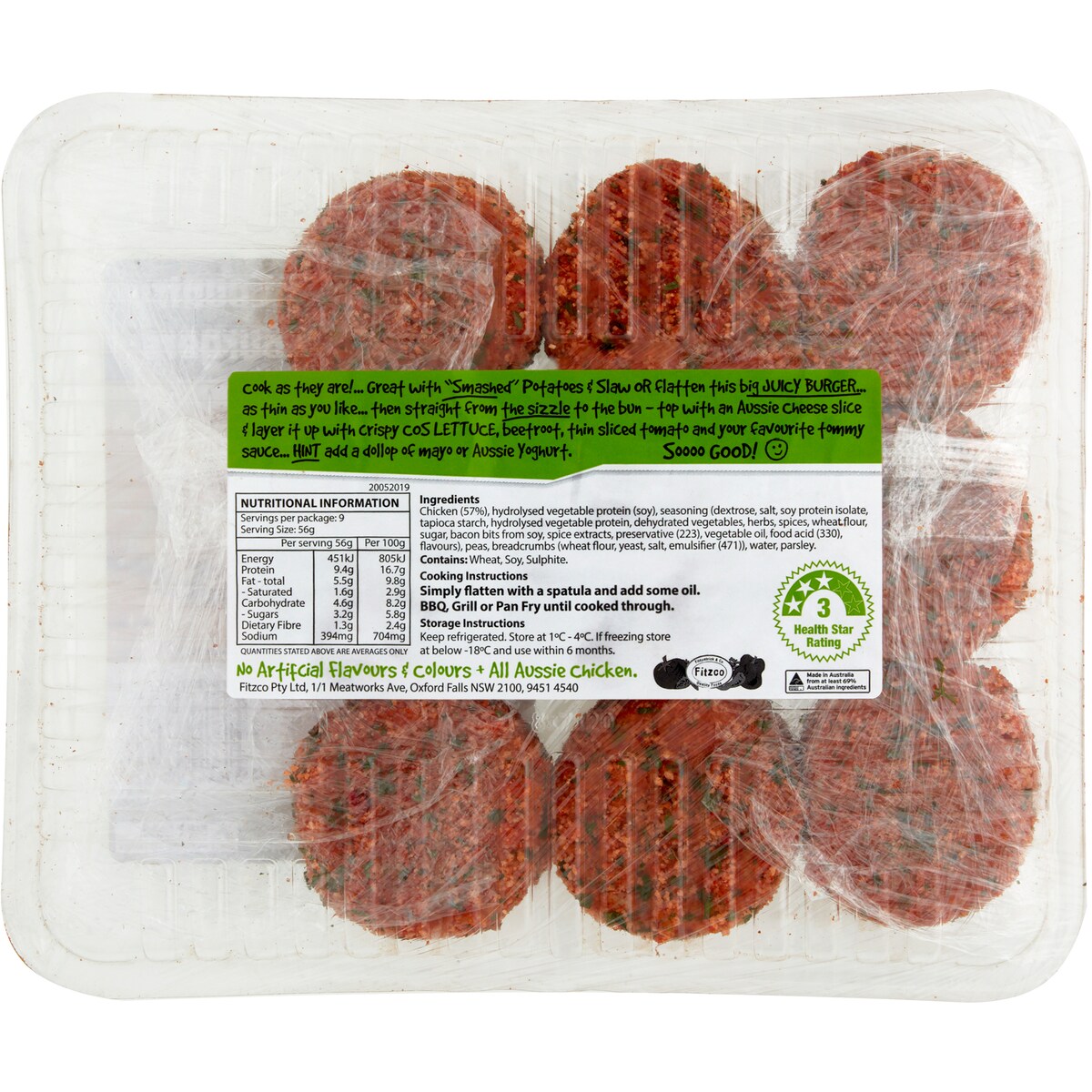 Fitzco Aussie Country Style Burgers Style Burger 9 Pack