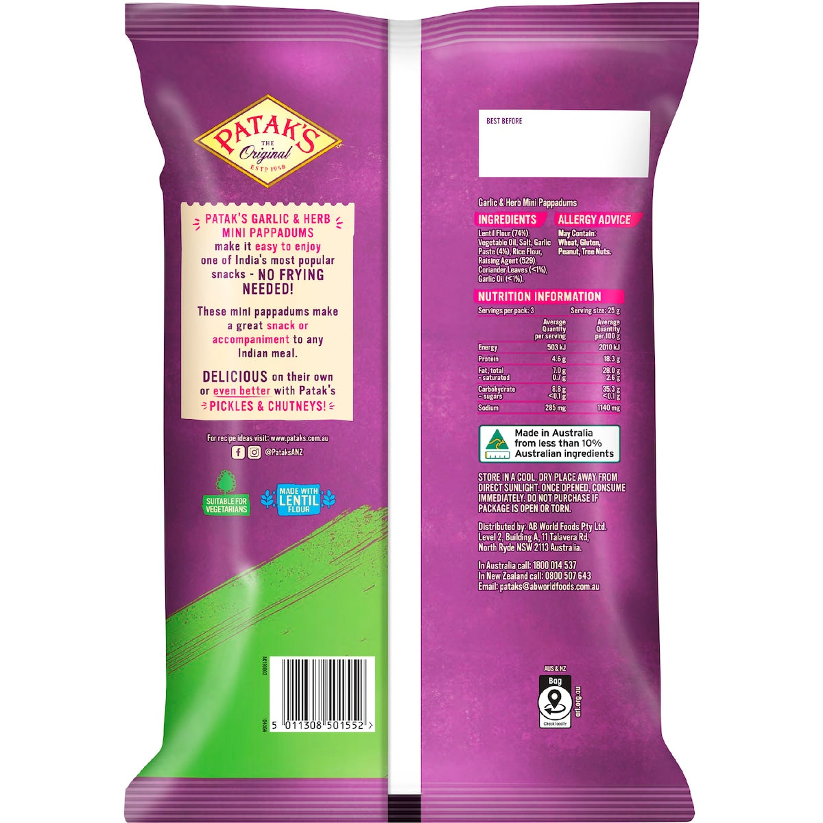 Pataks Ready To Eat Mini Pappadums Garlic & Herb 75g