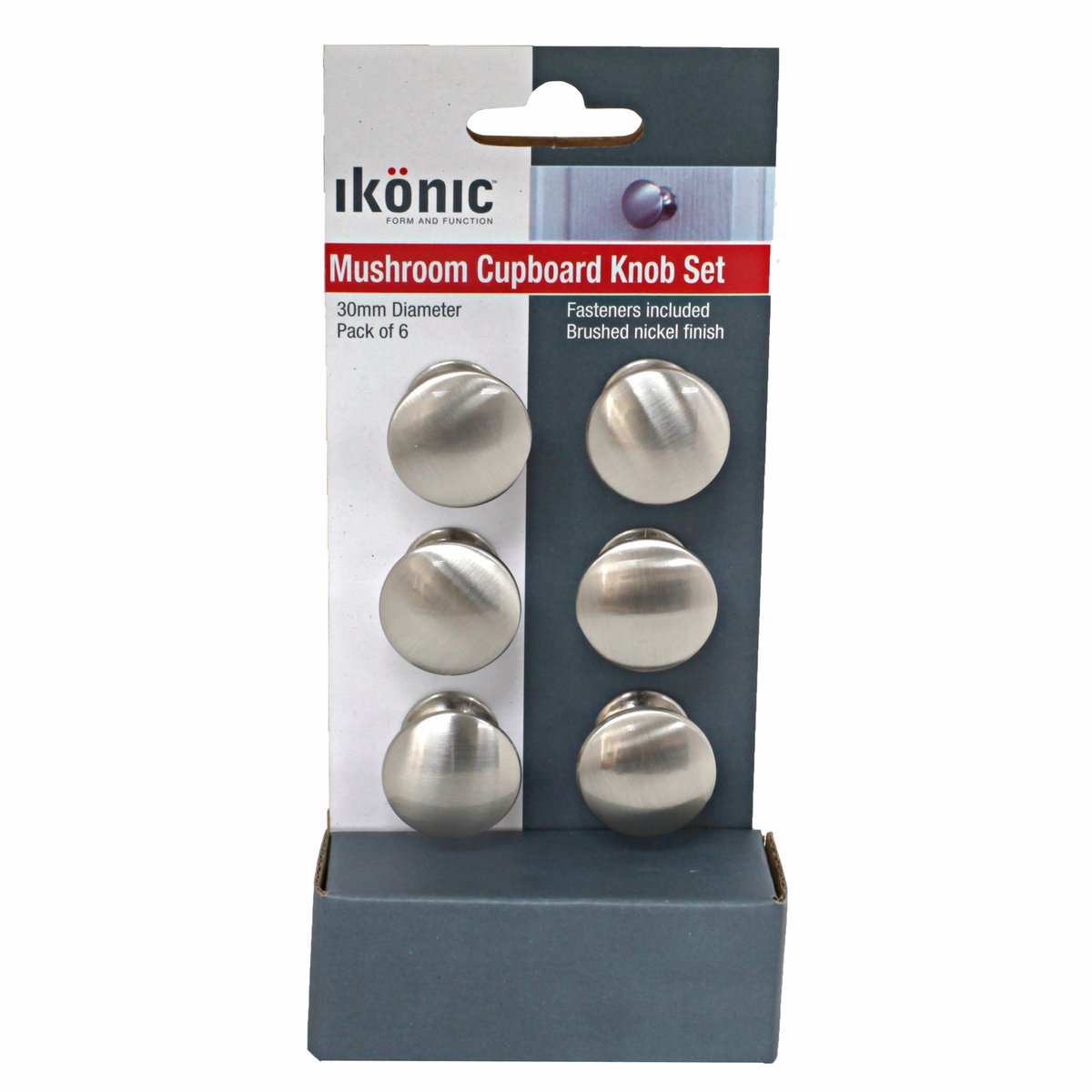 Ikonic Brushed Nickel Cupboard Knob Set - 6 Piece - Metal - Easy Install