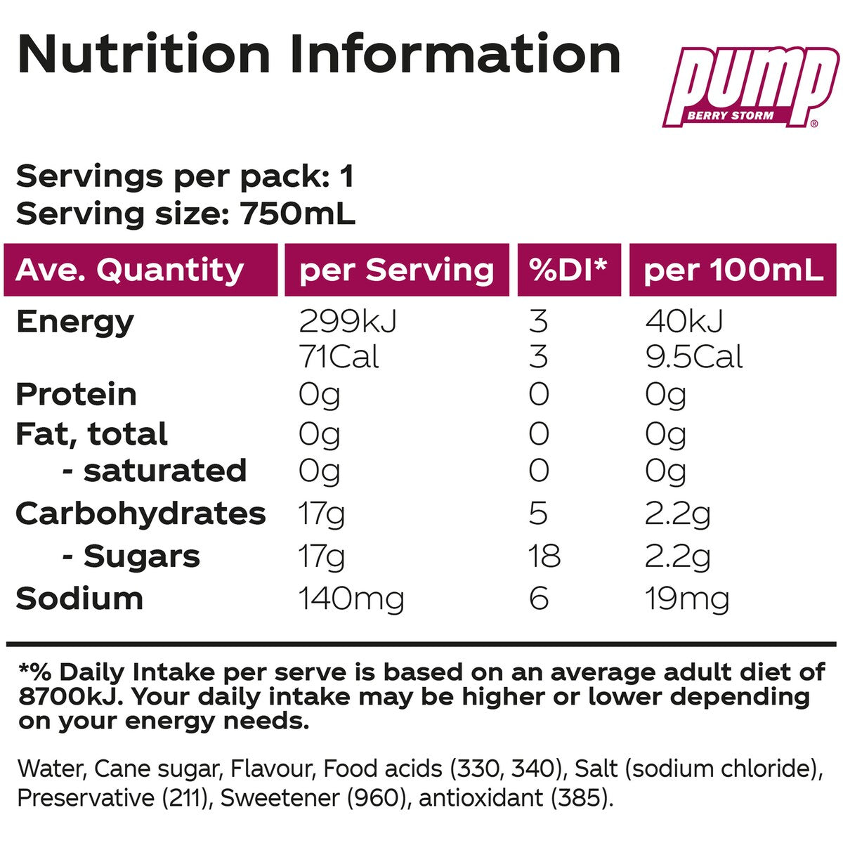 Pump Berry Storm Water Bottle Berry Bottle 750mL