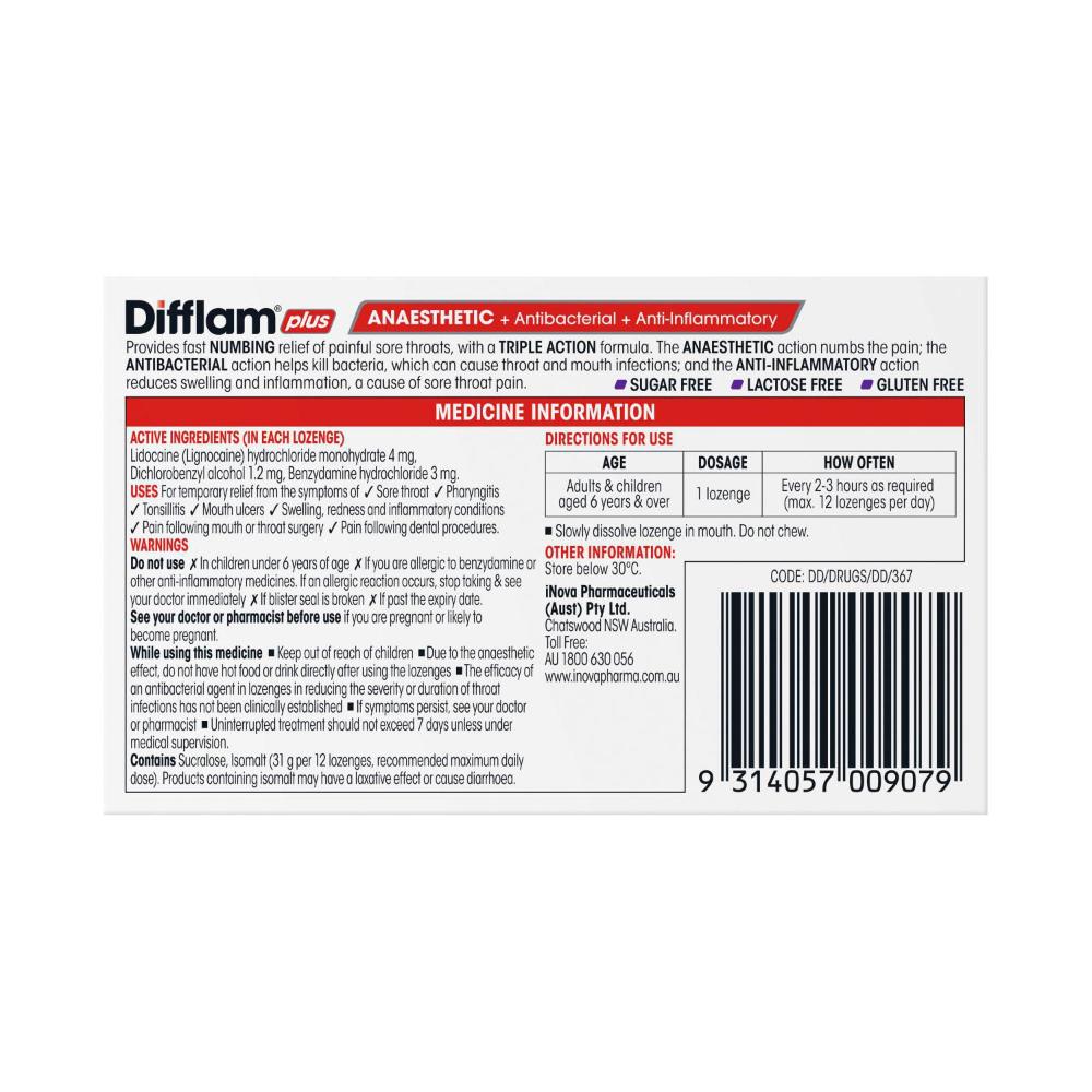 Difflam Plus Blackcurrant Flavour Anaesthetic Lozenges - 16 pack