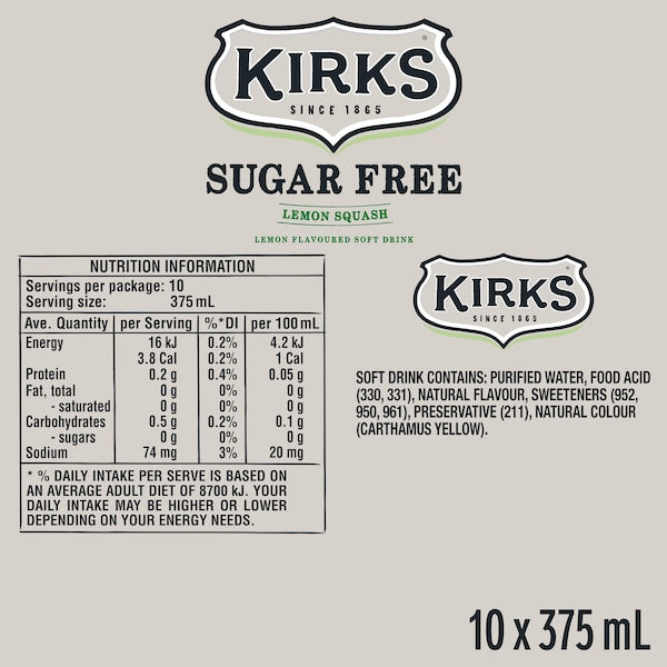 Kirks Sugar Free Lemon Squash Soft Drink Multipack Cans 375ml X10