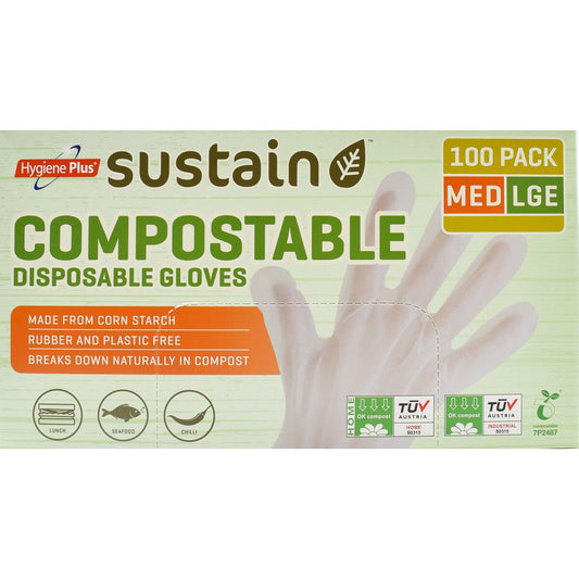 Hygiene Plus Compostable Disposable Gloves Medium/Large 100 pack