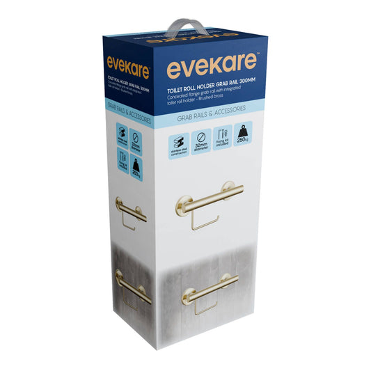 Evekare Brushed Brass Toilet Roll Holder with Grab Rail - 140 x 330mm