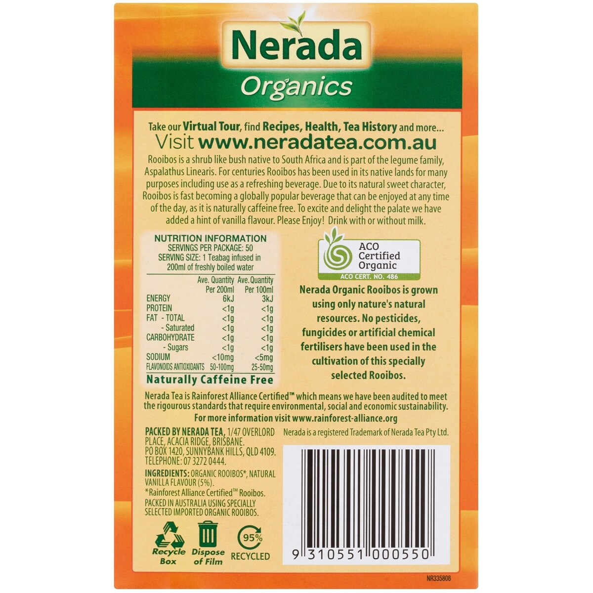 Nerada Organic Rooibos & Vanilla Tea Bags 50 pack