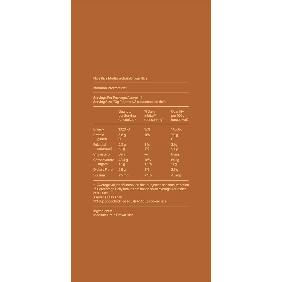 Nice Rice Medium Grain Brown Rice 1kg