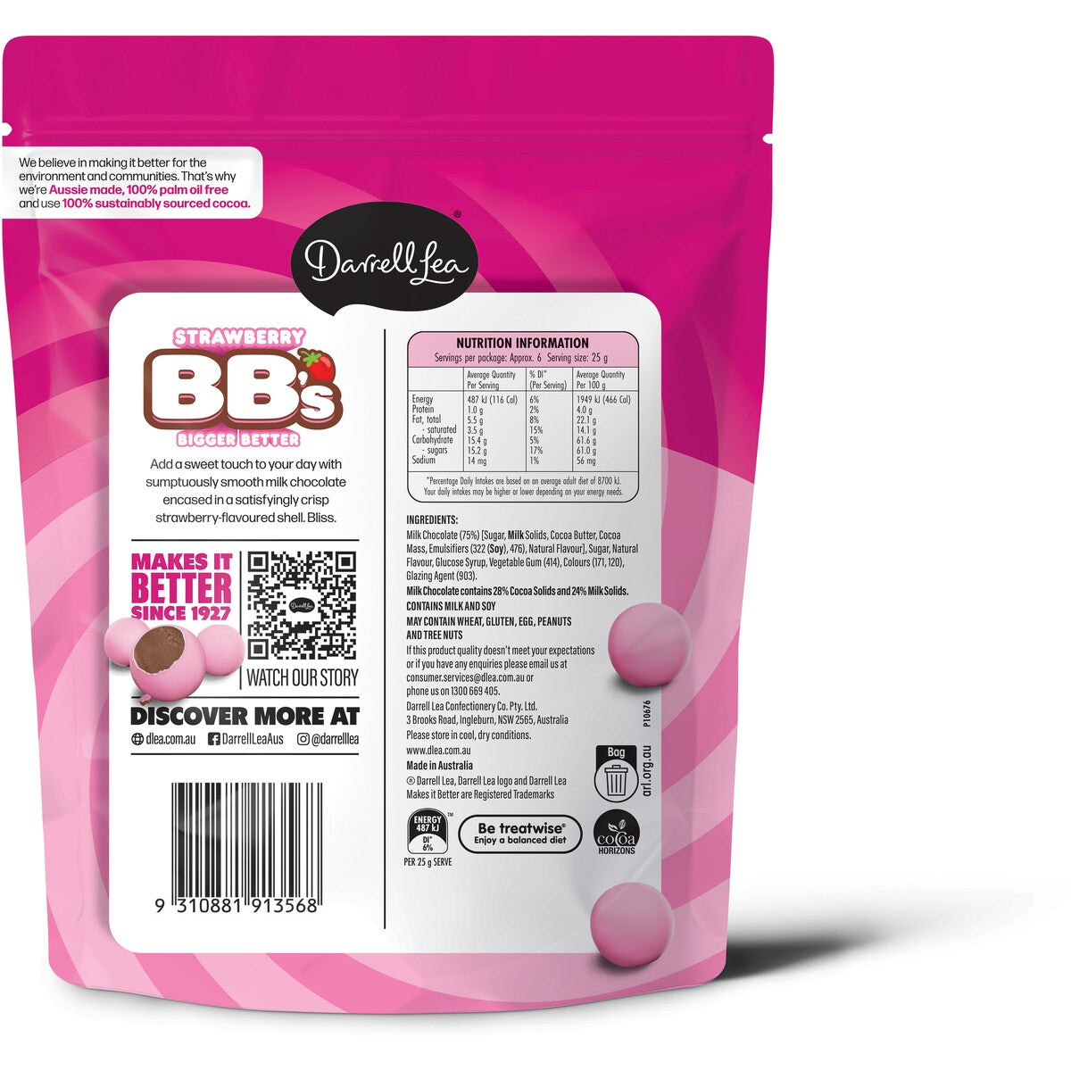 Darrell Lea Milk Chocolate Strawberry Bb's 168g