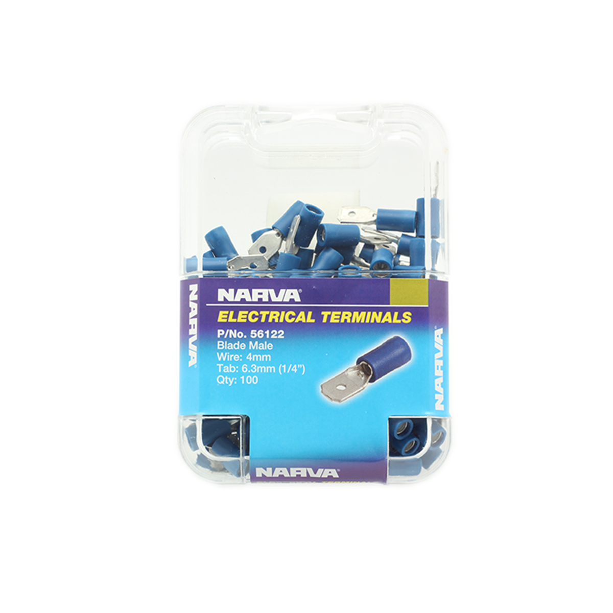 Narva Male Blade Terminal 4mm 6.3x0.8mm Blue Flared Vinyl 100 Pack