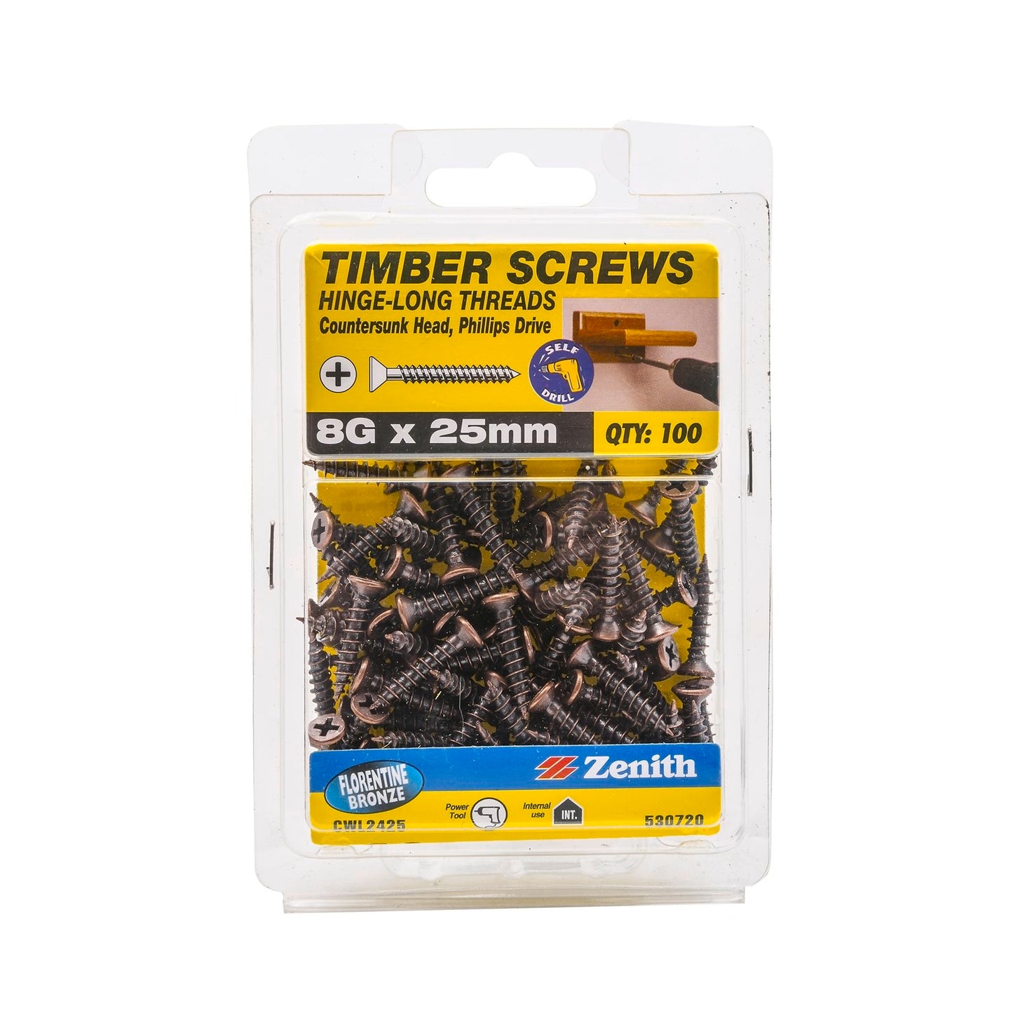 Zenith Hinge Long Thread Screw - 8g x 25mm - Florentine Bronze - 100 Pack