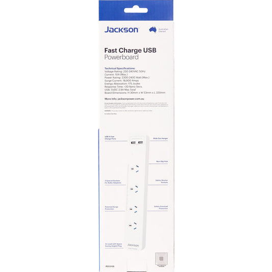 Jackson Protected Powerboard With 2X USB Charging Outlets each