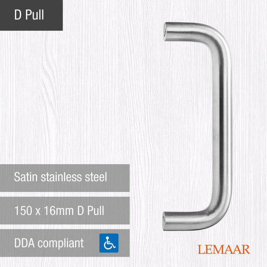 Lemaar D Pull Handle 150 x 16mm Satin Stainless Steel DDA Compliant