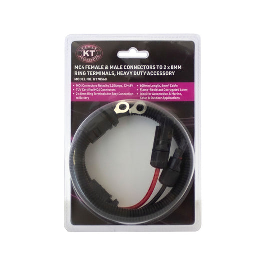 Kt Solar Connector MC4 Plug Socket to 8mm Ring Terminals - 600mm - Black