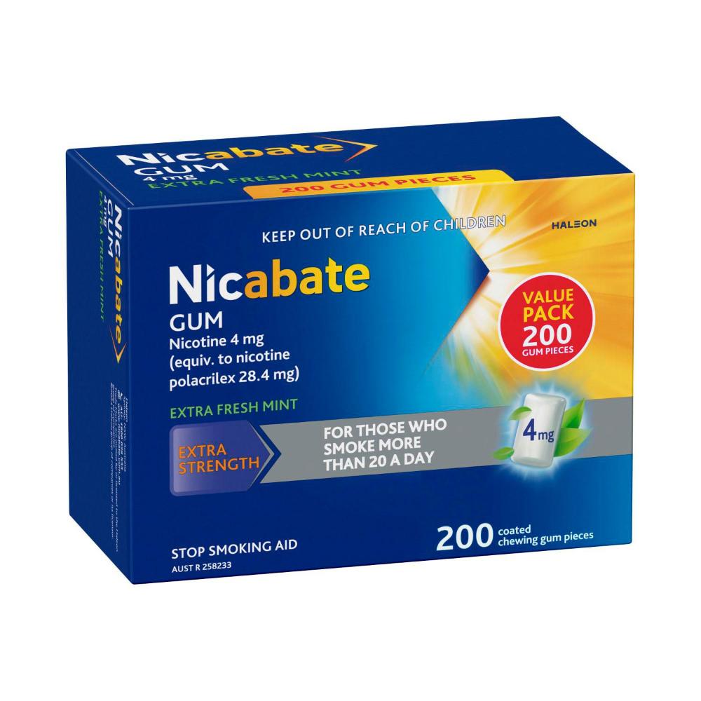 Nicabate Quit Smoking Chewing Gum Extra Strength 4mg Nicotine - 200 pack