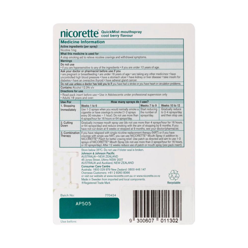 Nicorette Quickmist Nicotine Spray Cool Berry 150 Sprays - 13.2mL