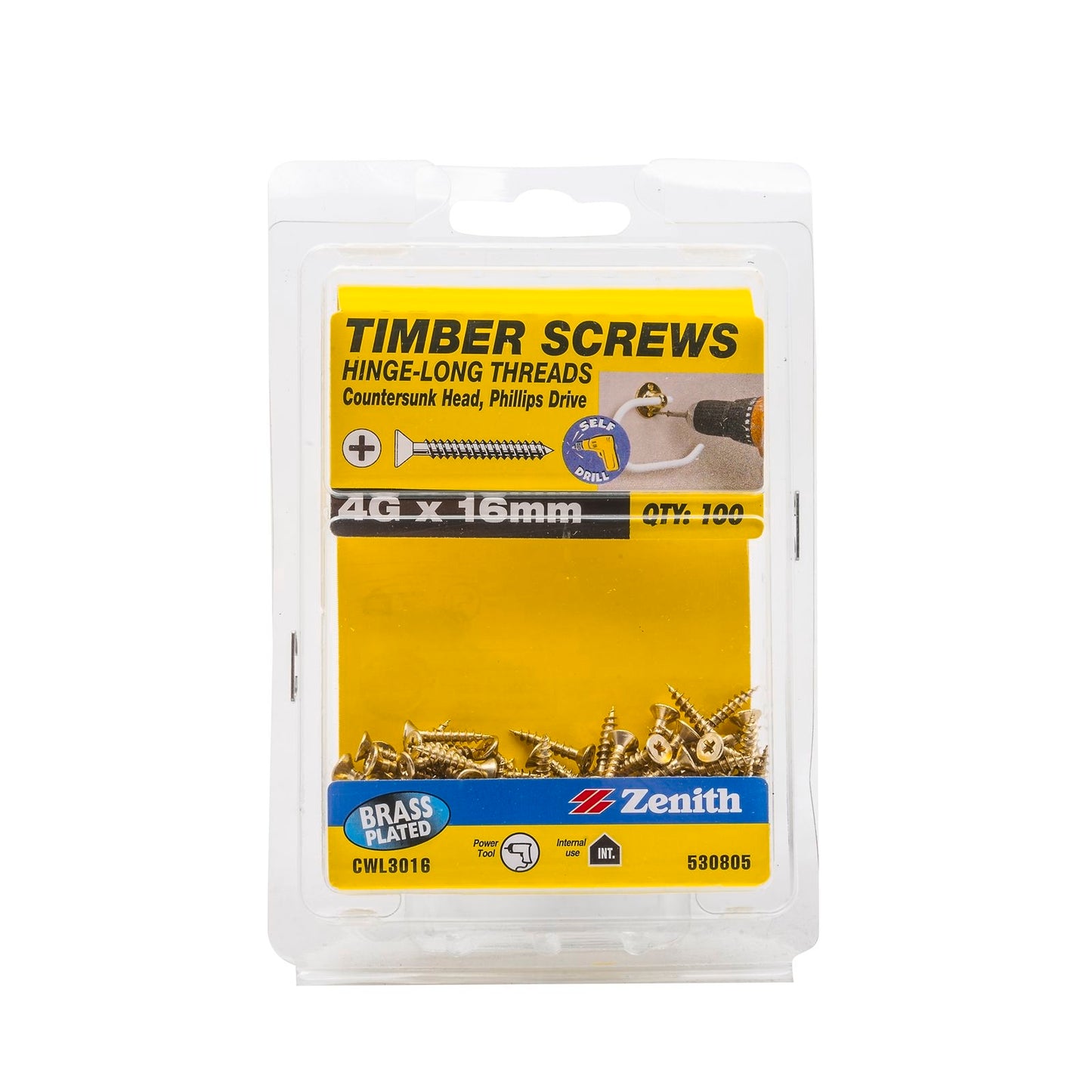 Zenith Hinge Long Thread Screw - 4g x 16mm - Brass - 100 Pack