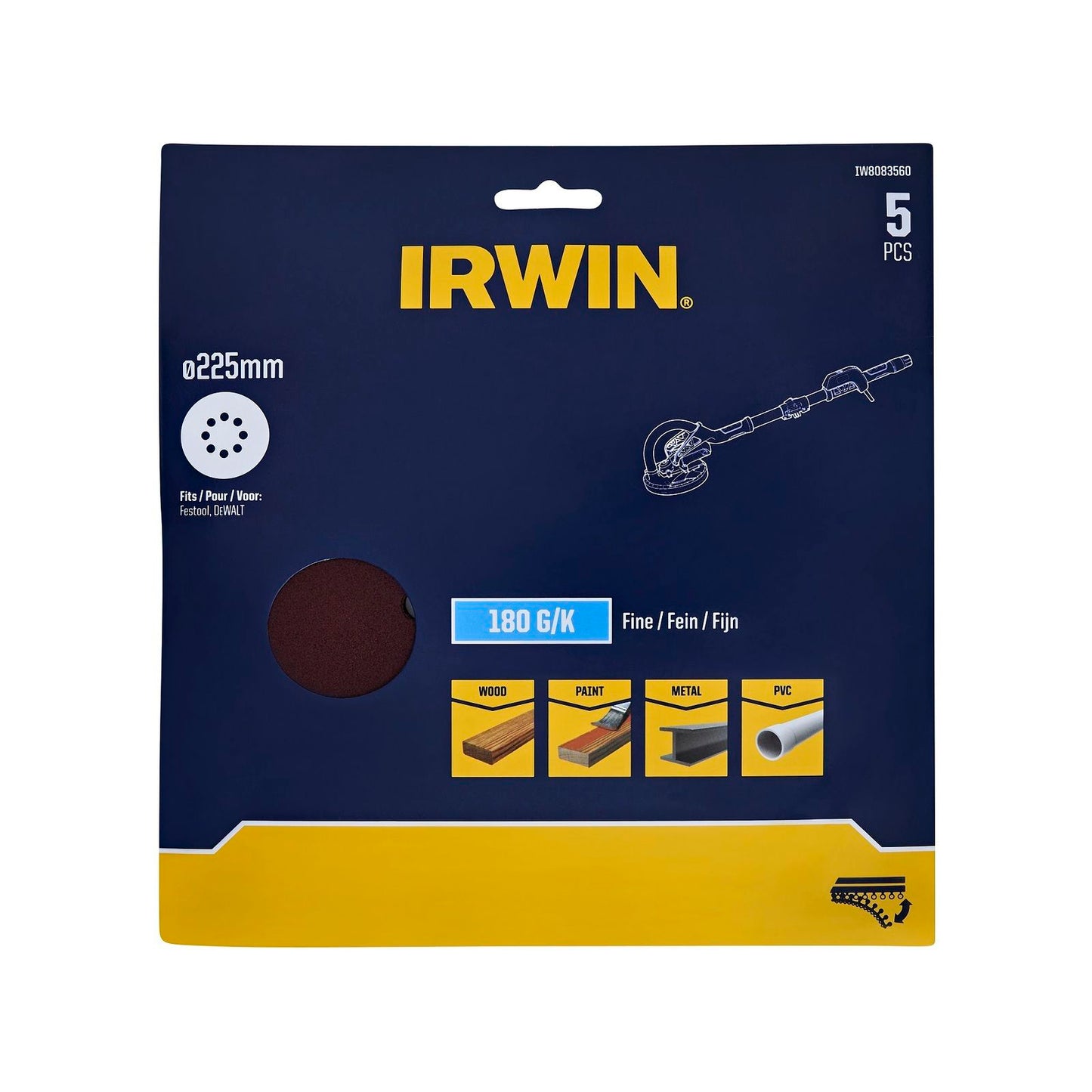 Irwin Quick Fit Drywall Discs - 225mm - 180 Grit - 5 Pack
