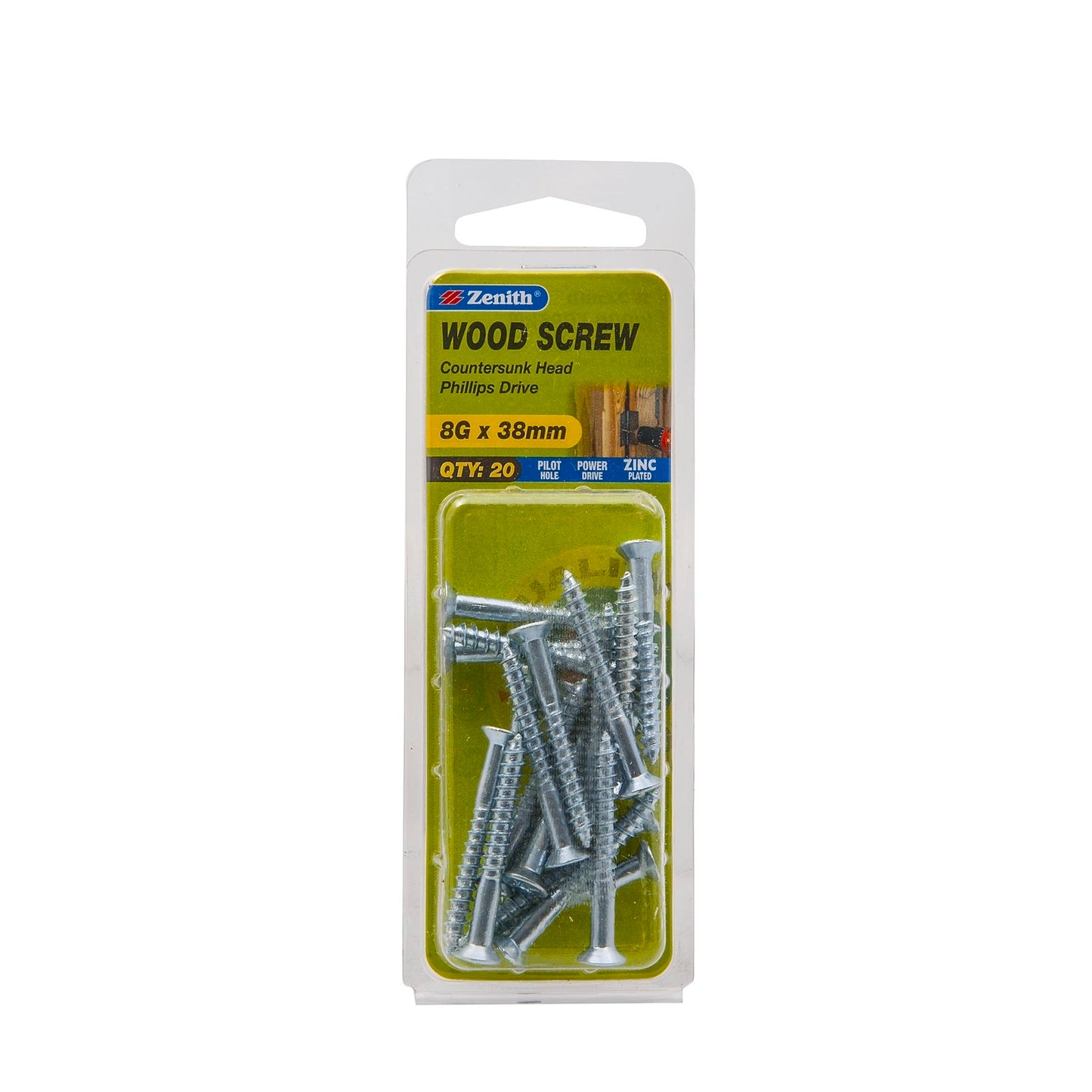 Zenith Countersunk Wood Screws - 8g x 38mm - Zinc - 20 Pack