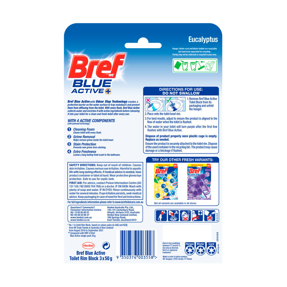Bref Blue Active Toilet Cleaner Rim Block Eucalyptus 3x50g - 150g