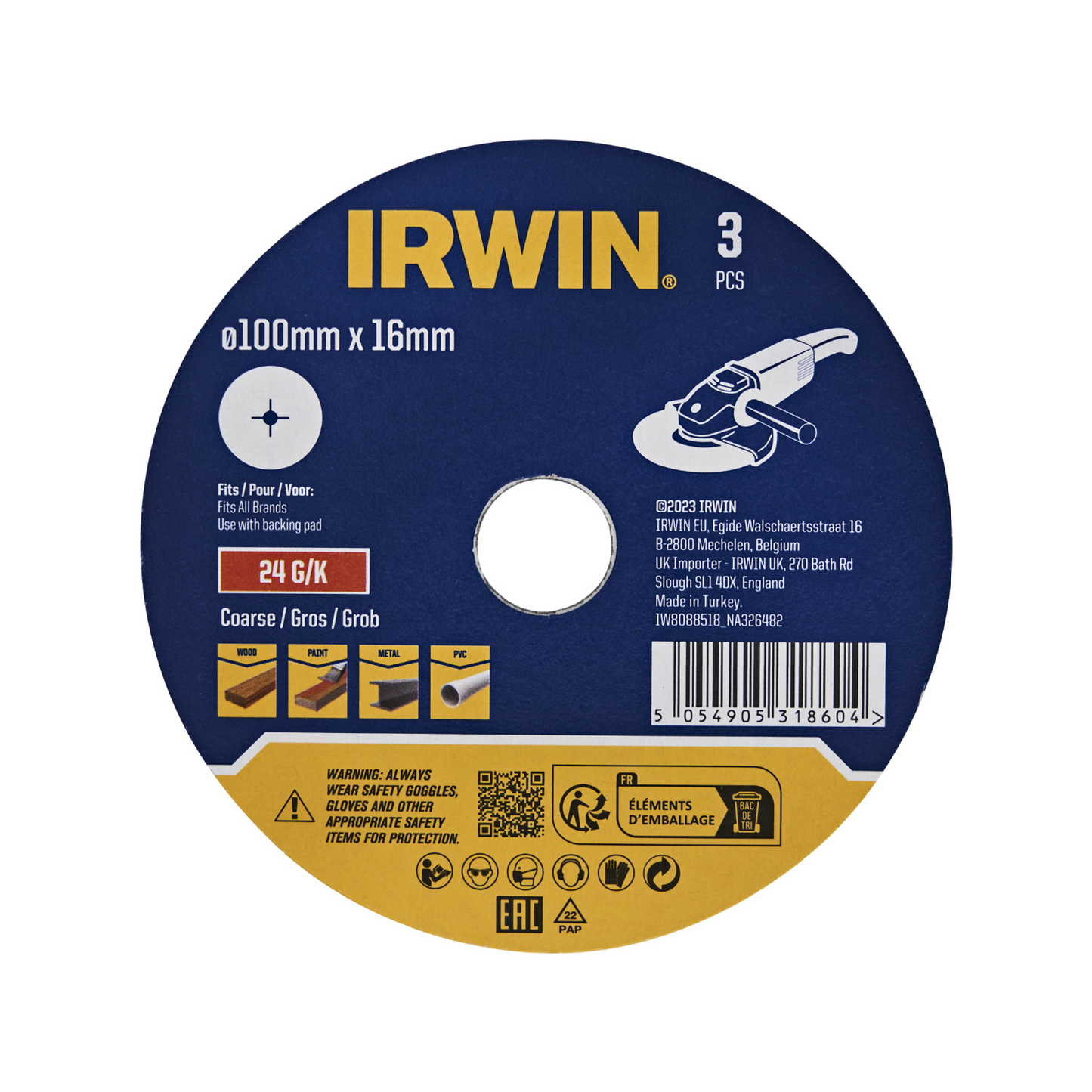 Irwin Fibre Discs - 100mm - 24 Grit - 3 Pack