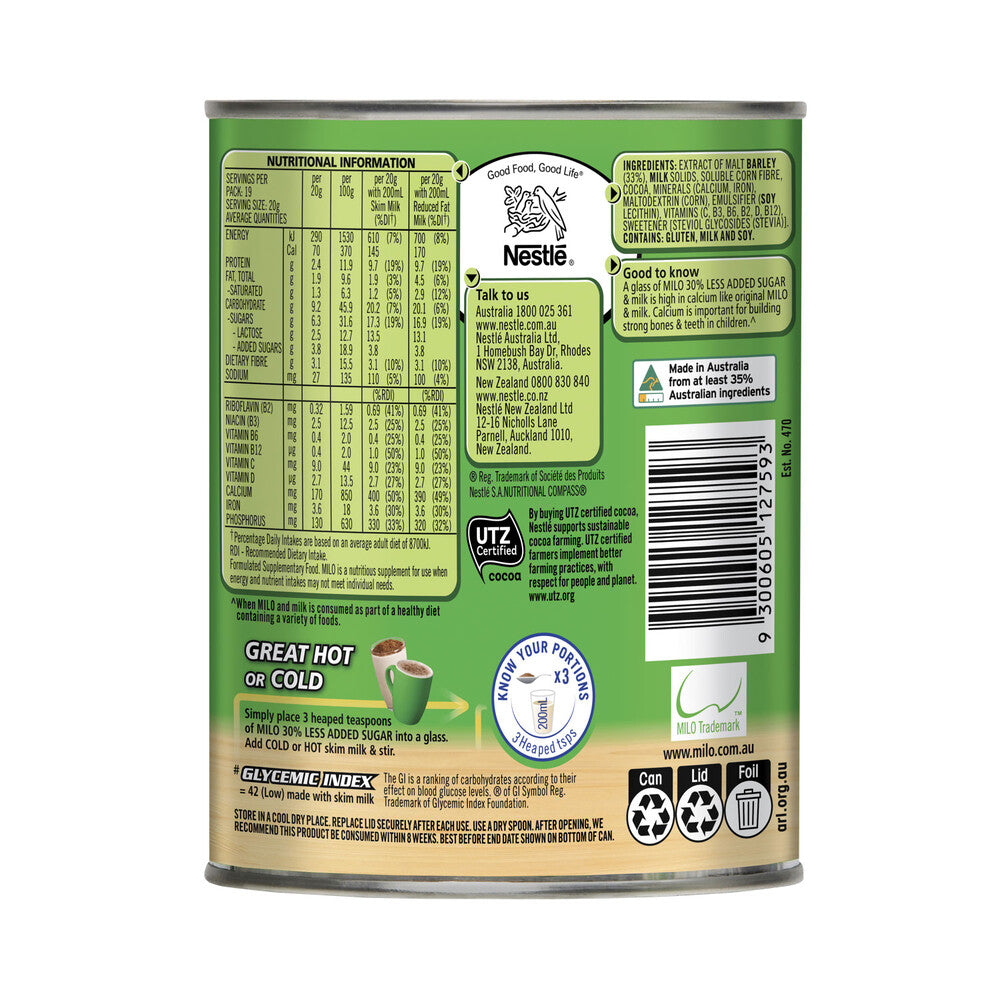 Milo 30% Less Added Sugar Chocolate Malt Powder Hot Or Cold Drink - 395g