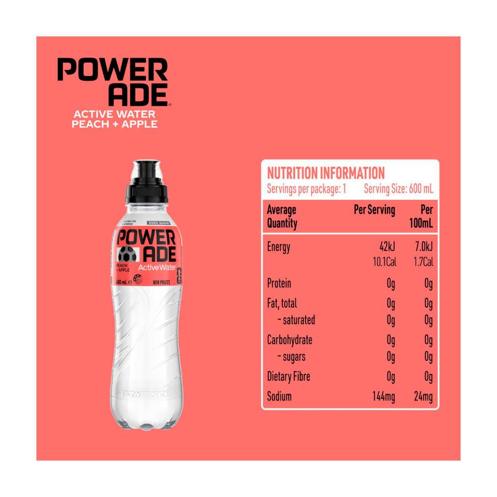 Powerade Ion4 Active Water Peach And Apple Zero Sugar Sipper Cap Bottle - 600mL