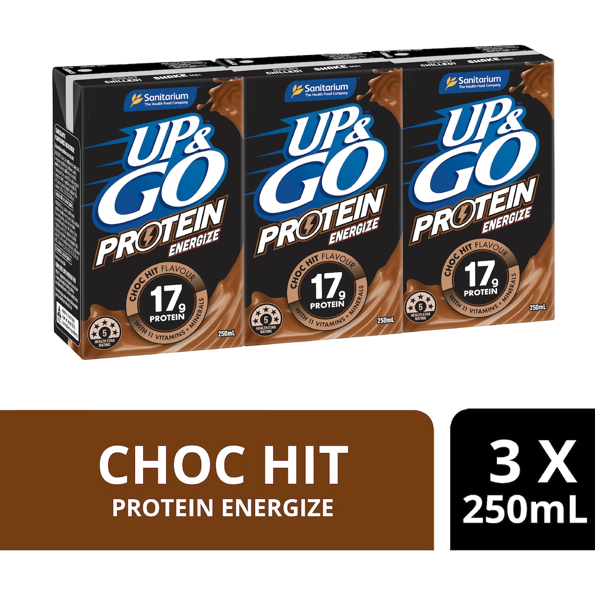Up&go Protein Energize Liquid Breakfast Choc 250ml X 3 Pack