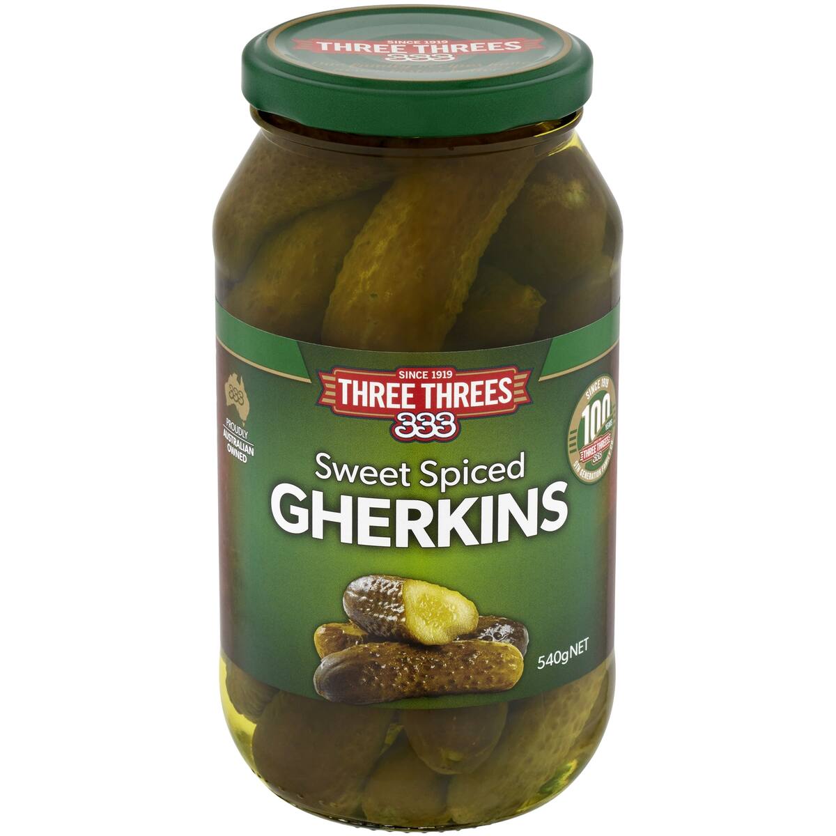 Three Threes Gherkins Sweet Spiced 540g