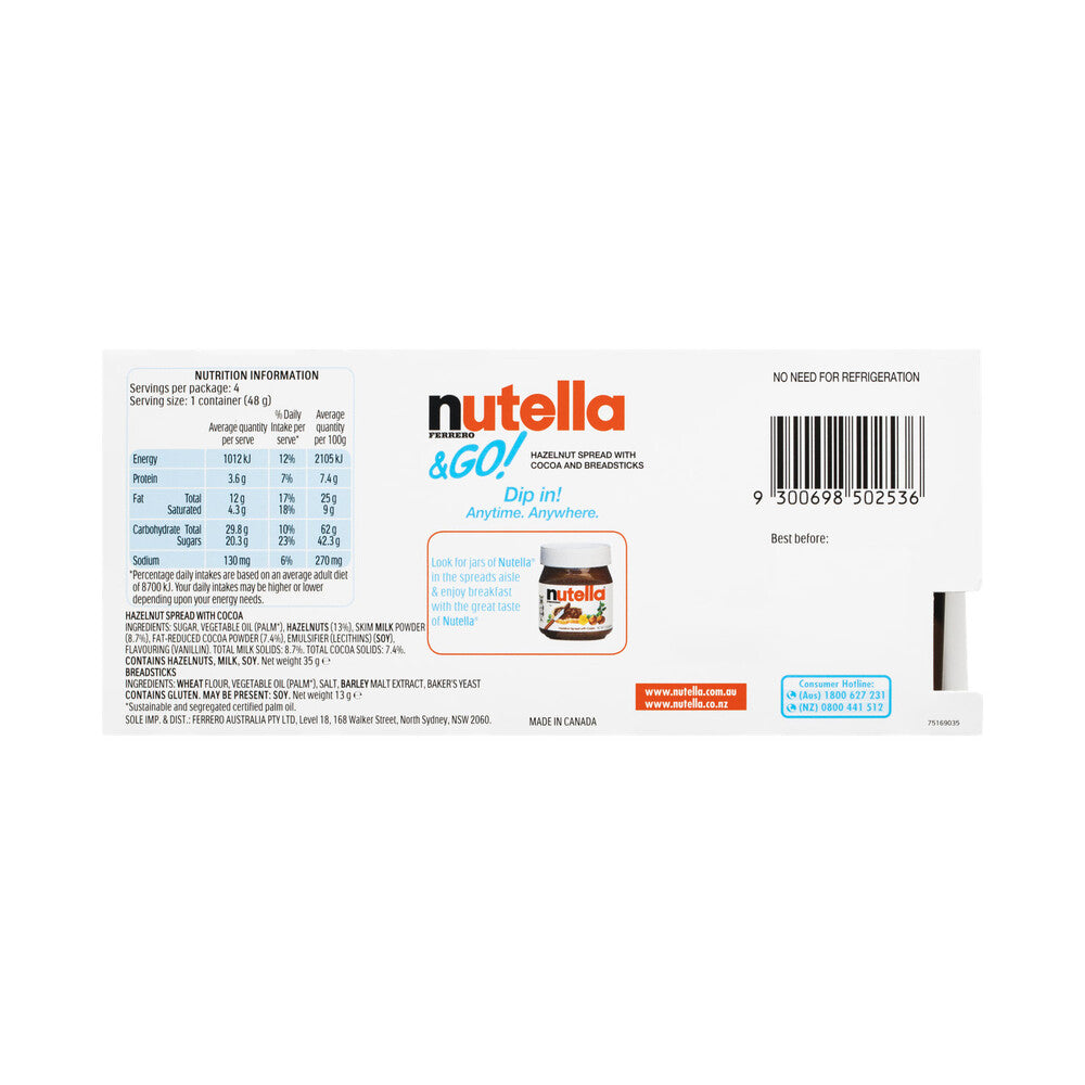 Nutella Go Hazelnut Spread With Cocoa Breadsticks Multipack 48g - 4 pack