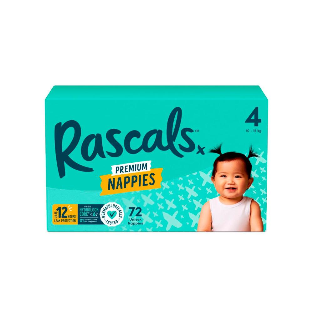 Rascals Premium Nappies Size 4 (10-15kg) - 72 Pack