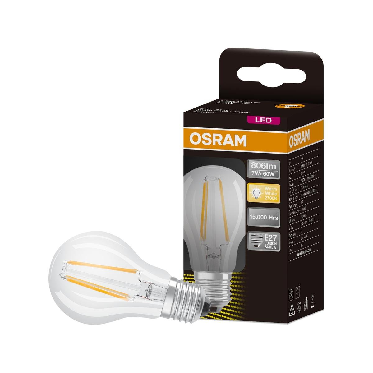 Osram 7W A Shape Filament LED Light Globe E27 806lm Warm White 3000K