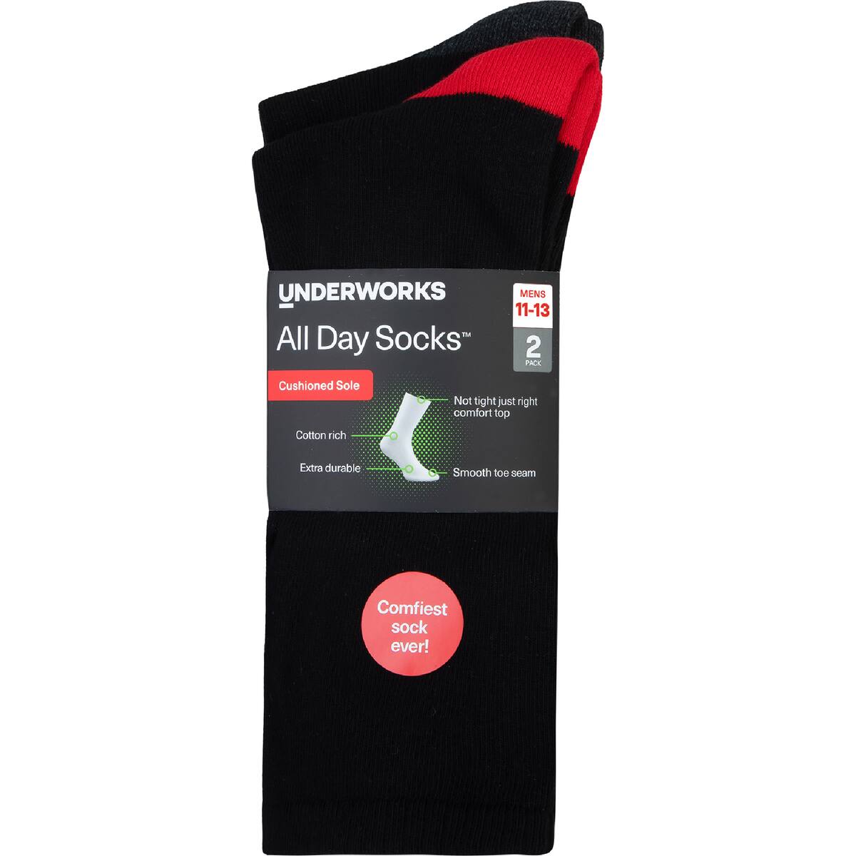 Underworks Mens All Day Cushion Foot Sock Black Size 11-13 Assorted 2 Pack