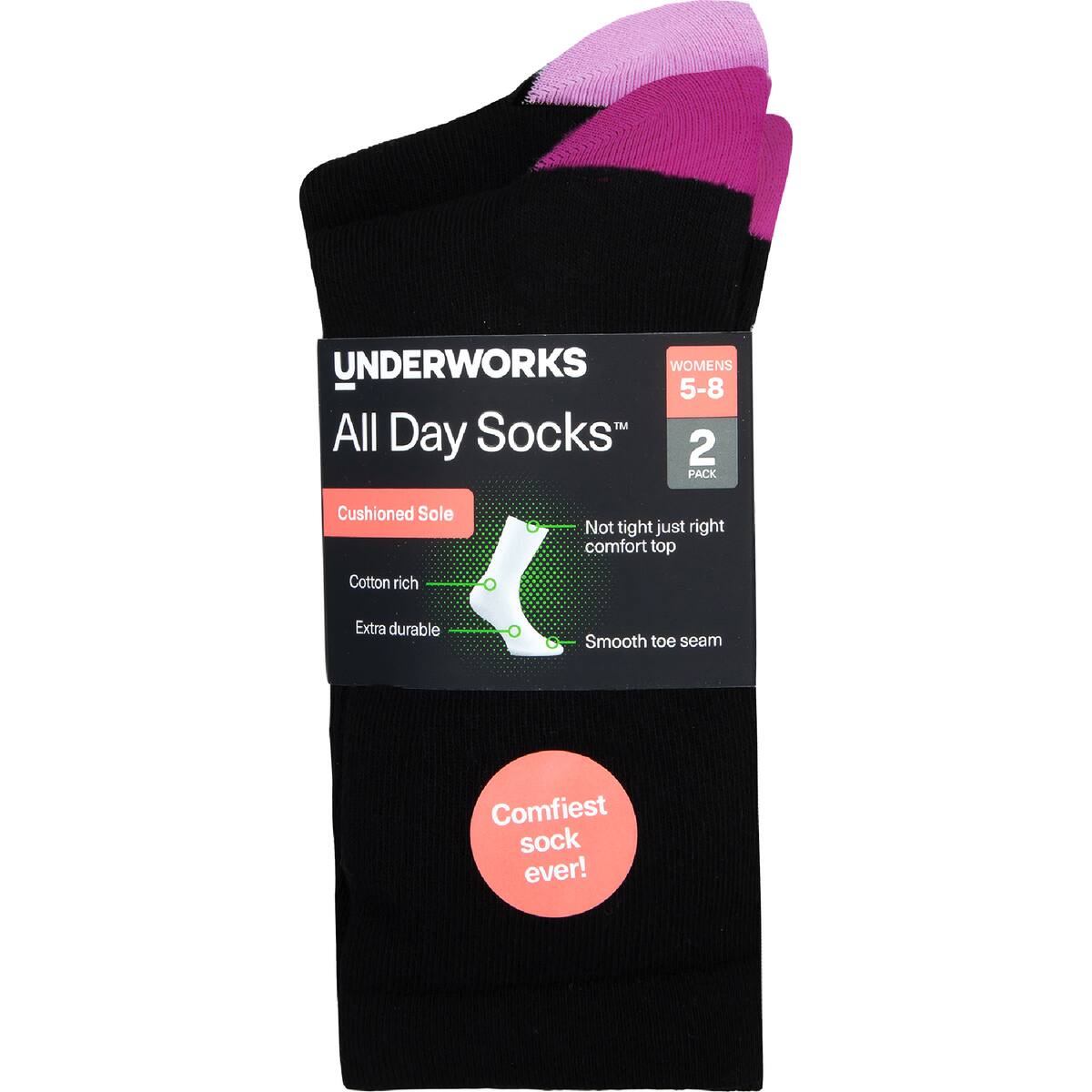 Underworks Womens All Day Cushion Foot Socks Black Size 5-8 2 Pack