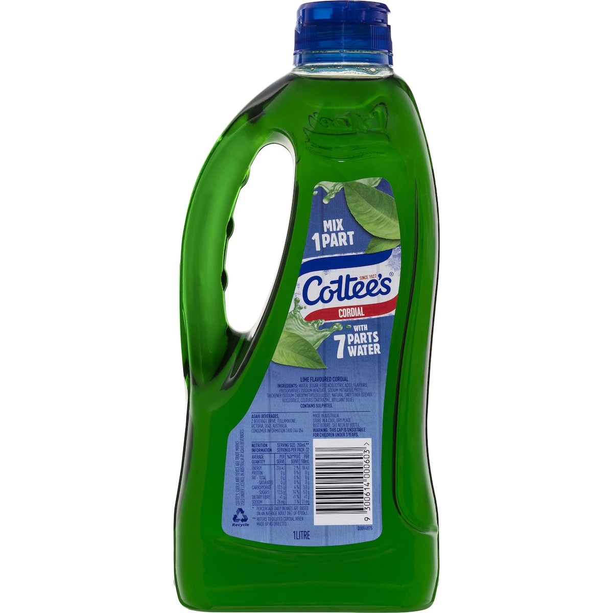 Cottee's Lime Cordial Coola Green Bottle 1L