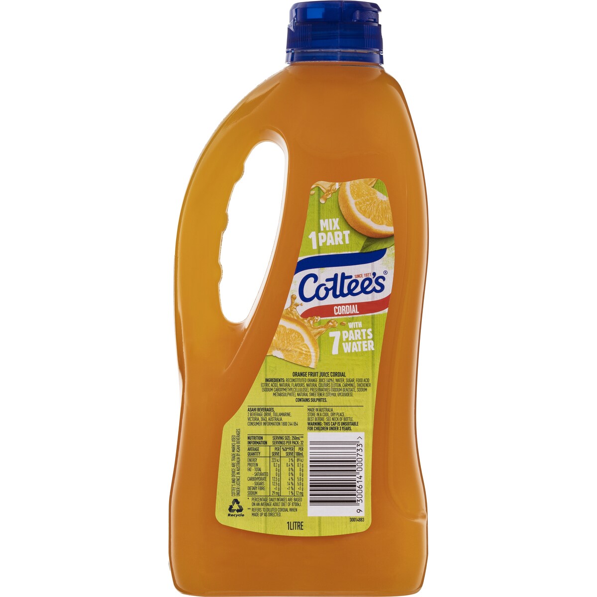 Cottee's Orange Cordial Orange Crush with 40% Fruit Juice Bottle 1L