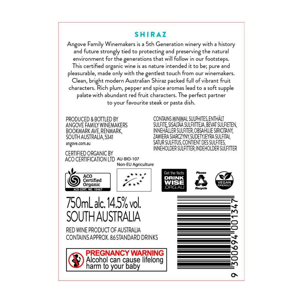 Angove Organic Shiraz 750ml - 1 Each