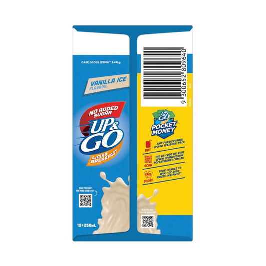 Sanitarium Up&go No Added Sugar Liquid Breakfast Fridge Vanilla Ice 12x250ml - 3L
