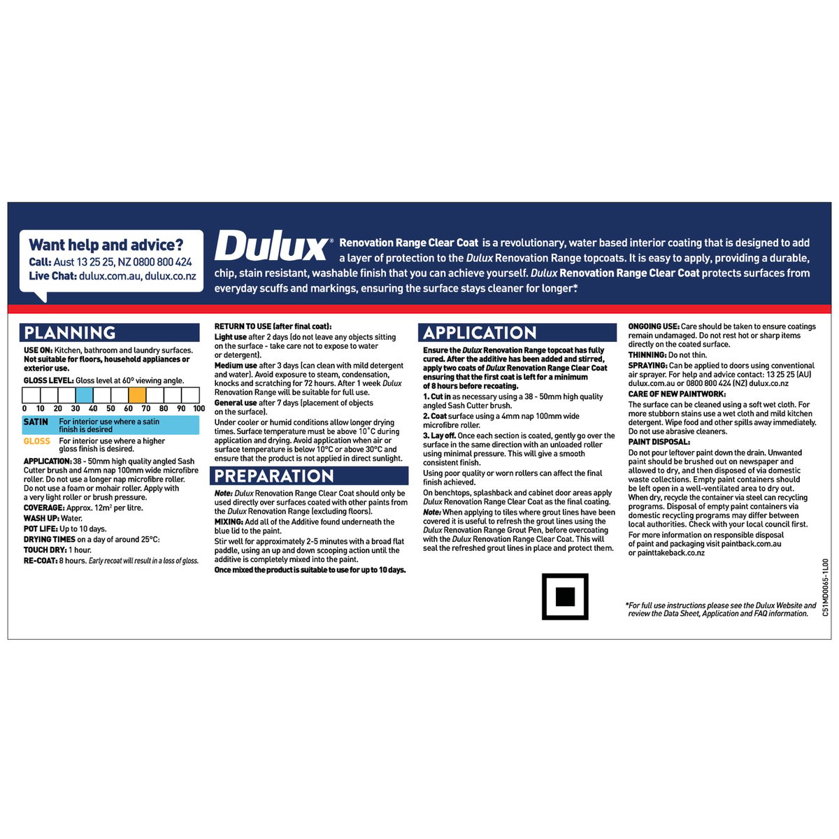 Dulux Renovation Range Clear Coat Satin - 1L - Satin Clear - Water-Based